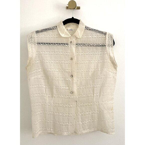 Adelaar Tops - ✨ Vintage Embroidered Sheer Blouse with Rhinestone Buttons  - Small